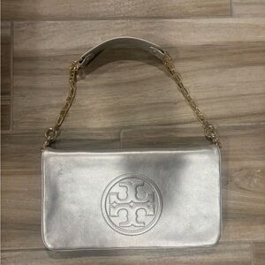 Tory Burch Metallic Silver Leather Logo Shoulder Bag with Gold Chain Strap